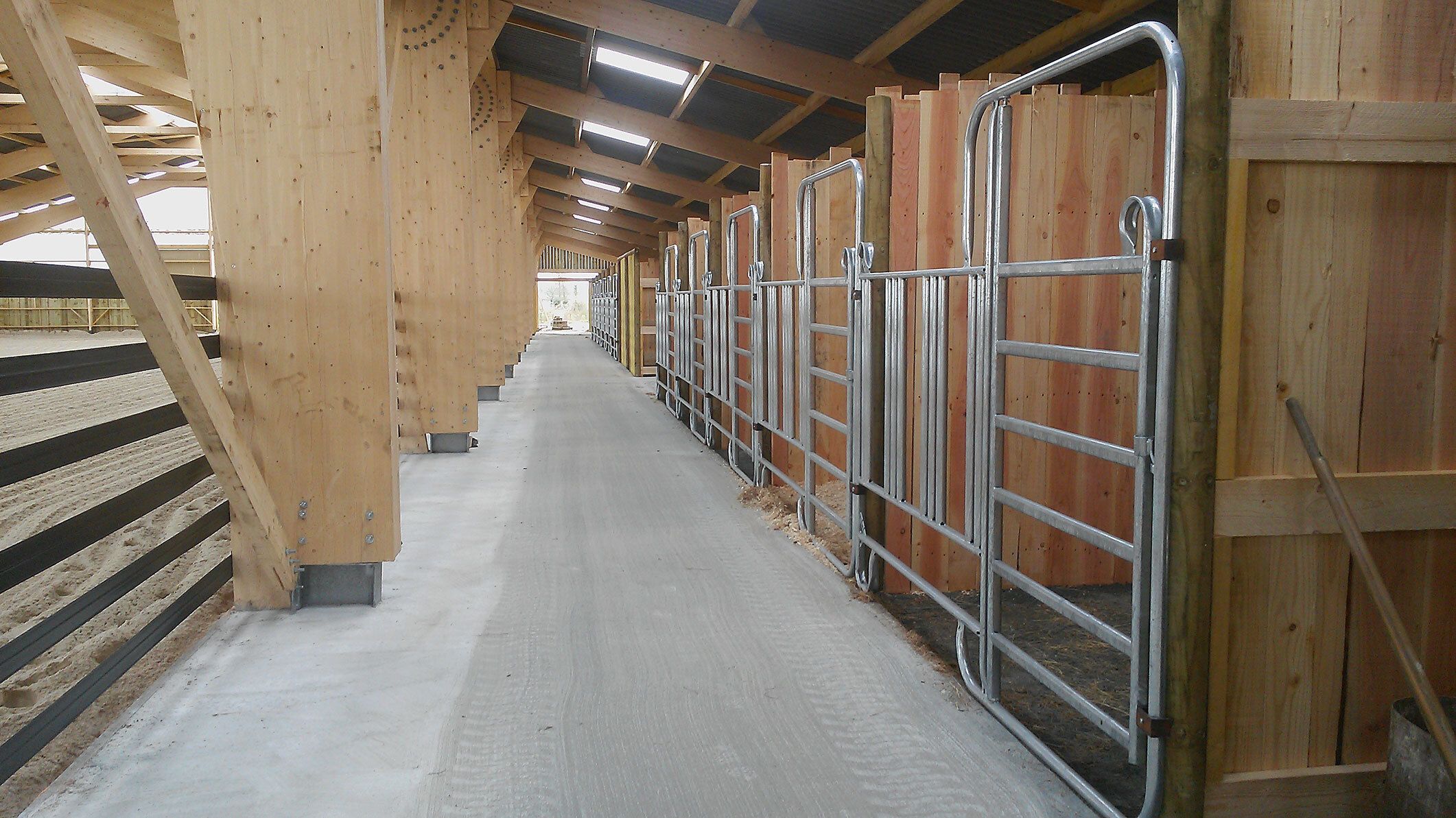 Stable block: concrete aisle and wood and metal stables