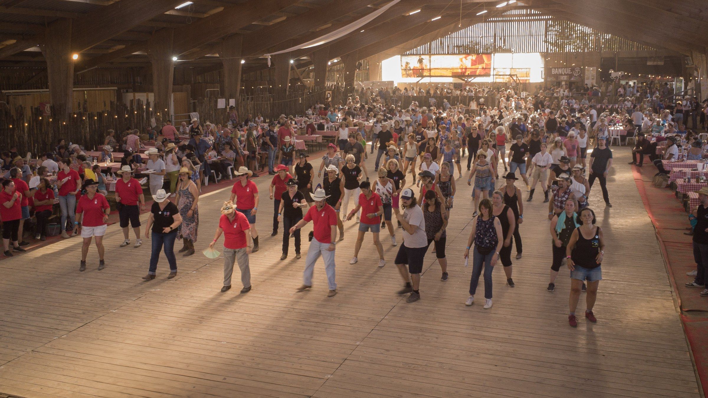 Danseurs de country alignés sur le grand parquet, sous la charpente du manège, vus d’en haut
