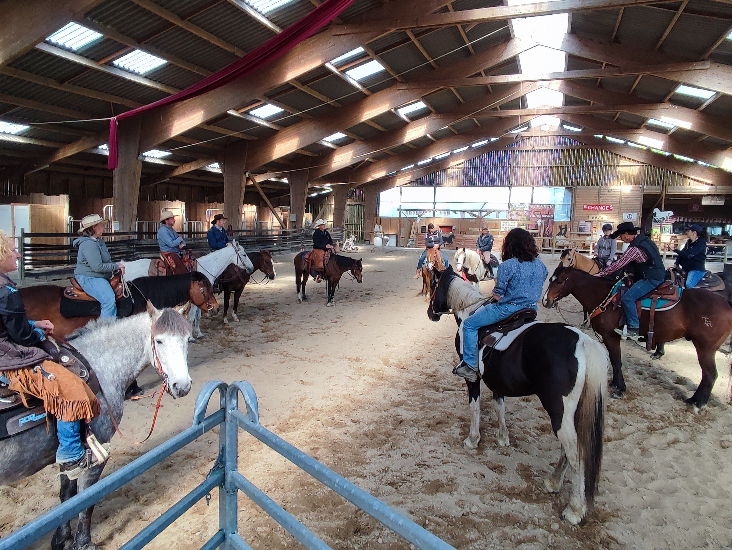Séance d’équitation dans le manège couvert, cavaliers et chevaux