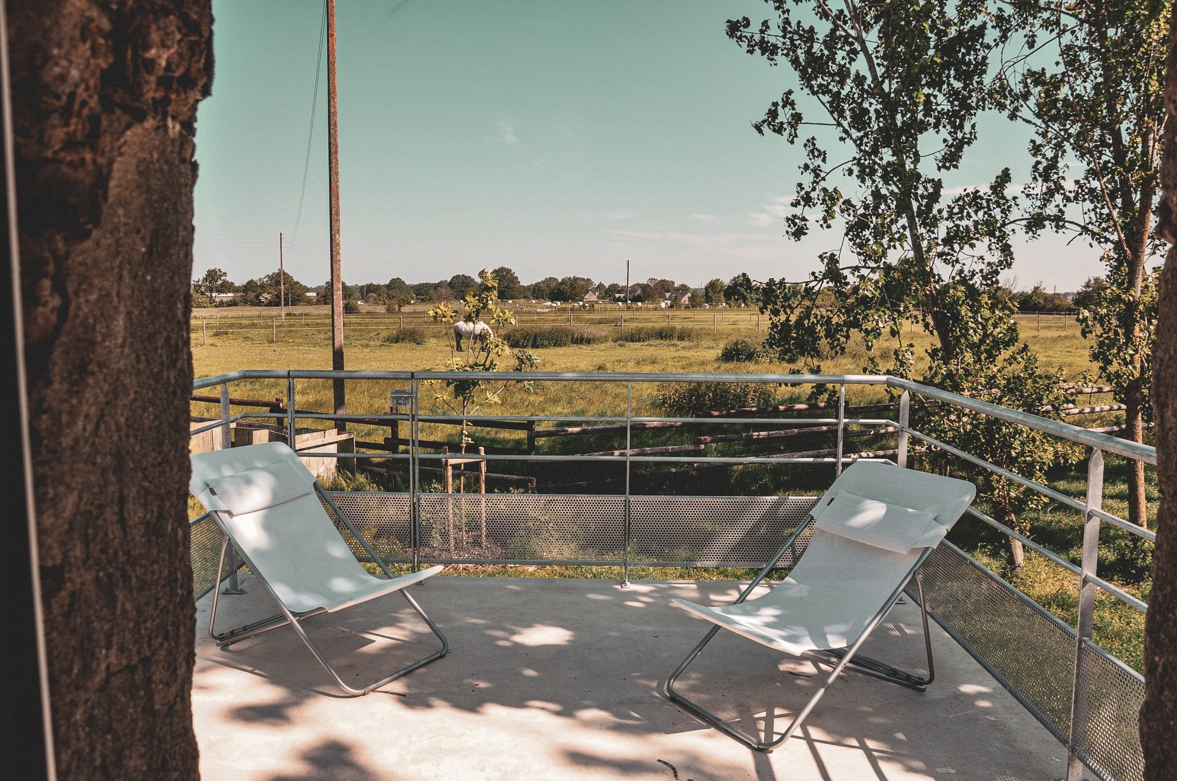 Deckchairs on the Thom’House terrace, looking out over the outdoor arena and the fields